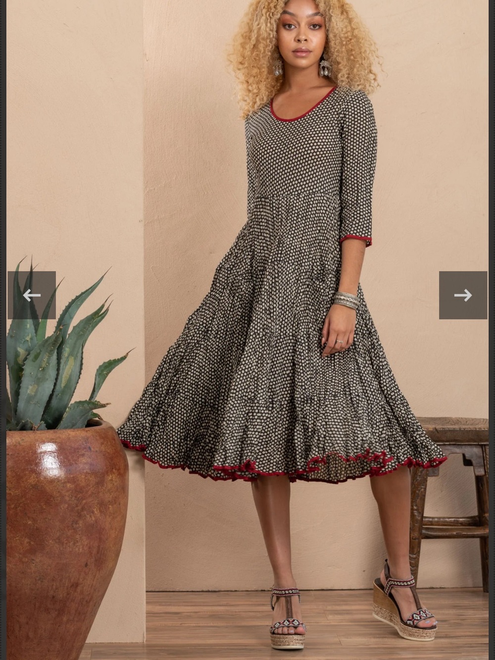 Trade Cloth Santa Fe Black & White Polka Midi Dress with Red Trim